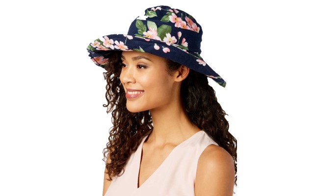  Floral-Print Floppy Hat (Navy)