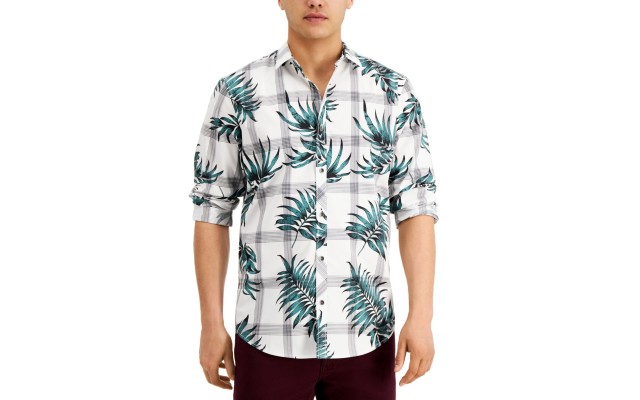  Mens Regular-fit Plaid Botanic Print, White Pure, Medium