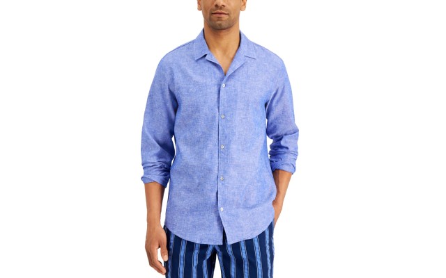  Men’s Regular-Fit Textured Camp Shirt, Deep Cobalt, Large