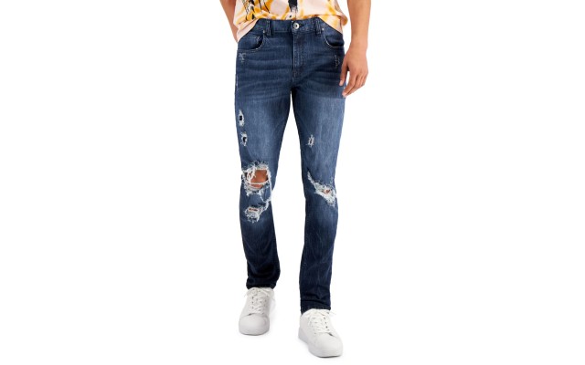  Men’s Skinny-Fit Destroyed Jeans, Navy, 36