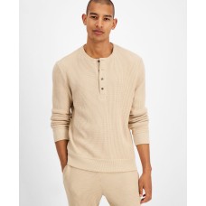 Inc International Concepts Men’s Solid Waffle-Knit Henley Sweatshirt, Beige, XXL