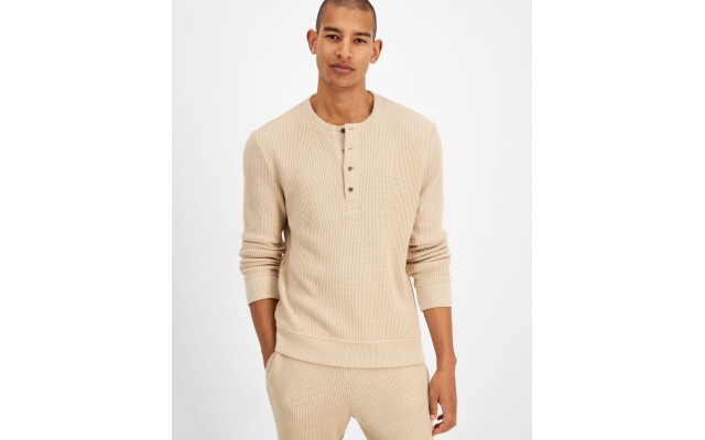 s Men’s Solid Waffle-Knit Henley Sweatshirt, Beige, XXL
