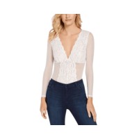 INC International Concepts Not So Basic Long-Sleeve Lace Mesh Bodysuit, White, Small
