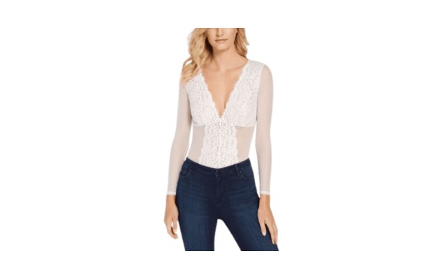  Not So Basic Long-Sleeve Lace Mesh Bodysuit, White, Small