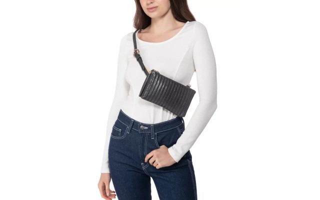  Quilted Faux Crocodile Convertible Belt Bag, Gray, Medium