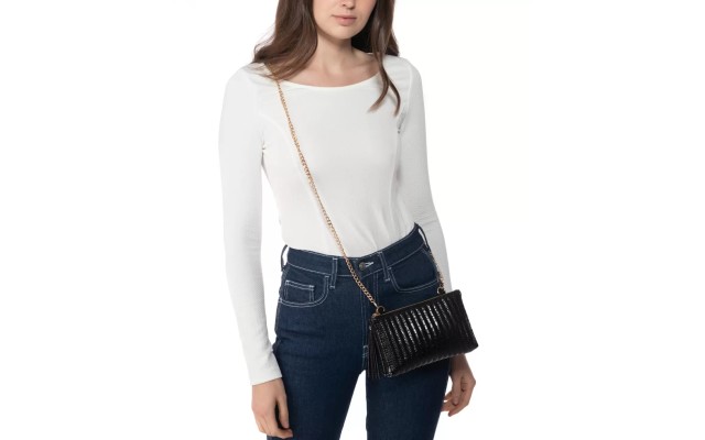  Quilted Faux Crocodile Convertible Belt Bag,Black, Meidum