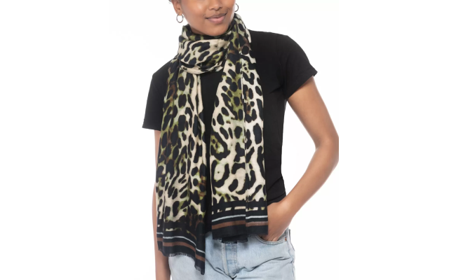  Striped Leopard-Print Wrap, Black/Beige, 72” x 21”