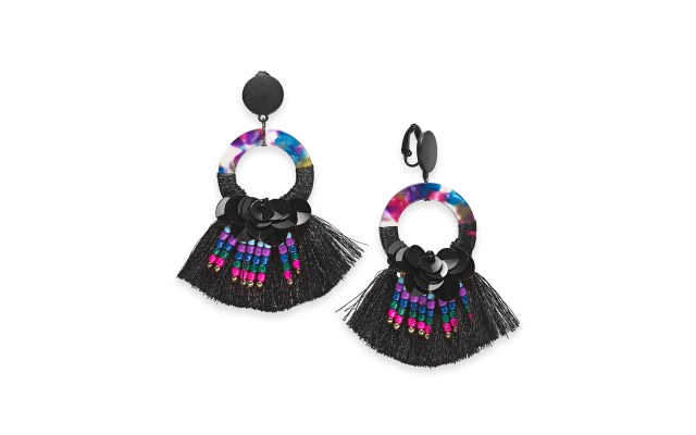  Two-Tone Sequin, Bead, Multicolor Hoop & Fringe Clip-On Drop Earrings