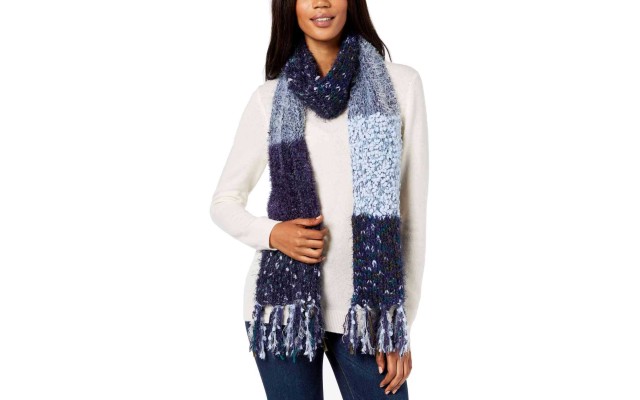  Women’s Mixed Yarns Colorblocked Fringe Scarves, Navy