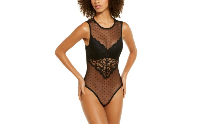  Womens Cupped Swiss Dot Lingerie Thong Bodysuit, Black, Medium