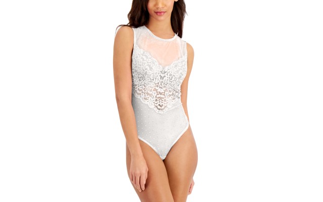  Women’s Cupped Swiss Dot Thong Bodysuit, White, Medium