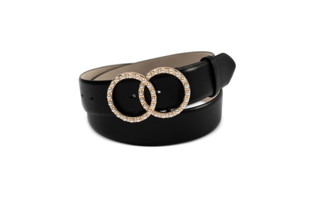  Women’s Embellished Double Circle Leather Belt, Black, X-Large