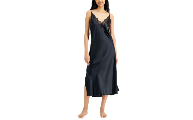  Womens Lace-Trim Long Satin Lingerie Nightgown, Black, Small