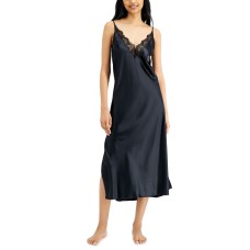 Inc International Concepts Womens Lace-Trim Long Satin Lingerie Nightgown, Black, X-Small