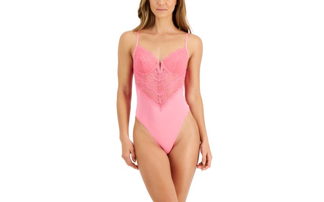 Womens Micro Lace Bodysuit, Pink, Small