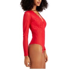 Inc International Concepts Womens Not So Basic Long-Sleeve Lace Mesh Bodysuit, Red, Large