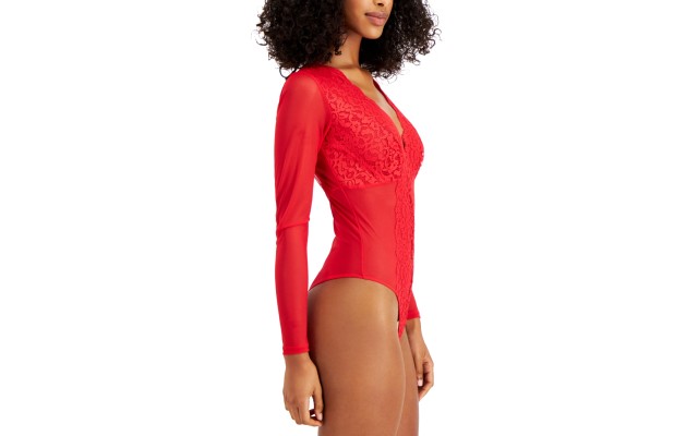 Womens Not So Basic Long-Sleeve Lace Mesh Bodysuit, Red, Large