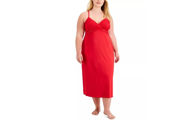  Womens Plus Size Lace Chemise Nightgown, Red, 2X