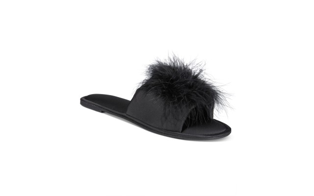  Women’s Satin Pom Slide Boxed Slippers, Deep Black, X-Large