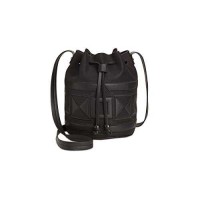 INC Womens Four Corners Faux Leather Embroidered Bucket Handbag, Black, Medium