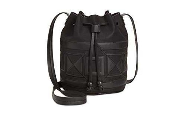 INC Womens Four Corners Faux Leather Embroidered Bucket Handbag, Black, Medium