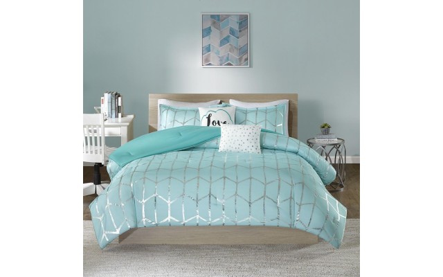  Raina Metallic 4-Pc. Comforter Set, Twin/Twin Xl – Aqua/Silver