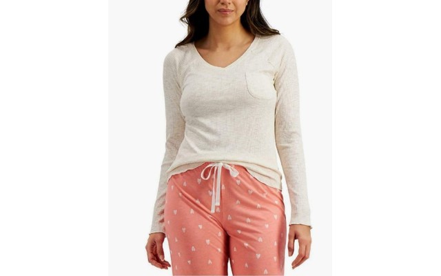  by fer Moore Womens Long Sleeve V-Neck Rib Knit Pajama Top, Heather Dune, X-Small