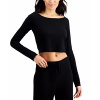 Jenni Rib-Knit Long Sleeve Sleep Crop Tops, Black, X-Large