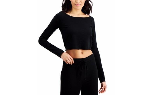  Rib-Knit Long Sleeve Sleep Crop Tops, Black, X-Large