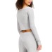  Rib-Knit Long Sleeve Sleep Crop Tops, Gray, X-Small
