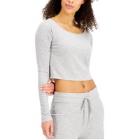Jenni Rib-Knit Long Sleeve Sleep Crop Tops, Gray, X-Small