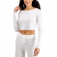 Jenni Rib-Knit Long Sleeve Sleep Crop Tops, Off-White, Medium