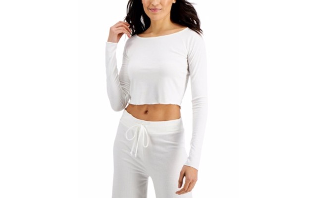  Rib-Knit Long Sleeve Sleep Crop Tops, Off-White, Medium