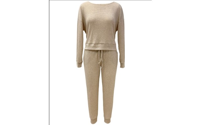  Waffle Knit Pajama Set, Beige, X-Large