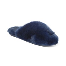 Jenni Women’s Crisscross Faux Fur Slide Boxed Slippers, Navy, Small