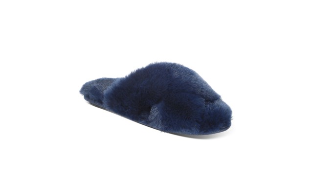 Jenni Women’s Crisscross Faux Fur Slide Boxed Slippers, Navy, Small