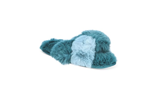  Women’s Faux-Fur Solid Crossband Slippers, Blue, Small