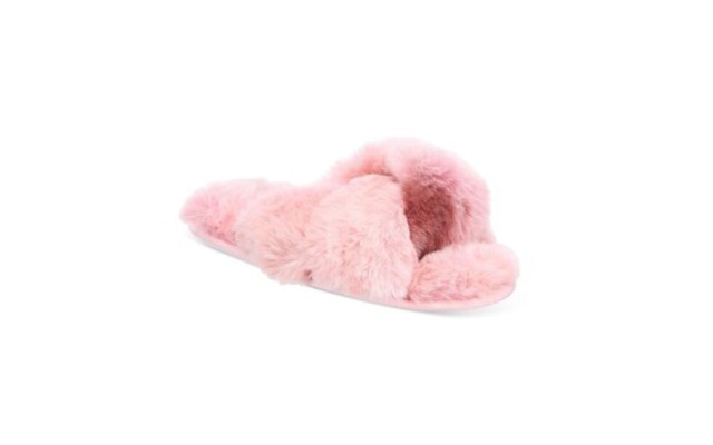  Women’s Faux-Fur Solid Crossband Slippers, Pink, Small (5-6)