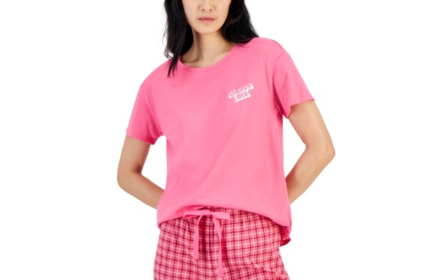  Women’s Graphic-Print Crewneck Pajama Top,Pink, Medium