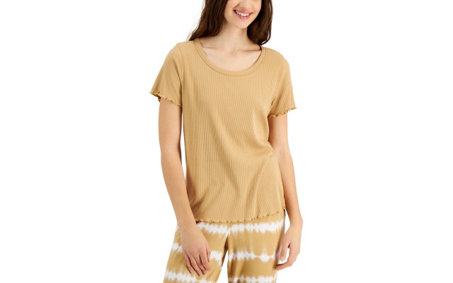  Womens Lettuce Edge Solid Ribbed Sleep T-Shirt, Camel, Large