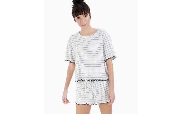  Women's Lettuce-Edge Pajama Shorts Sets, White, Large