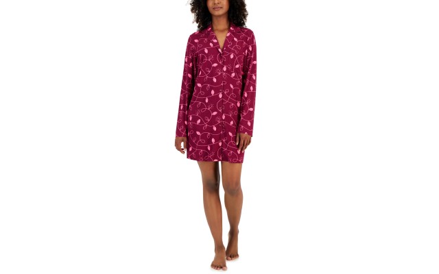  Women’s Notched-Collar Long-Sleeve Sleepshirt, Red, Large