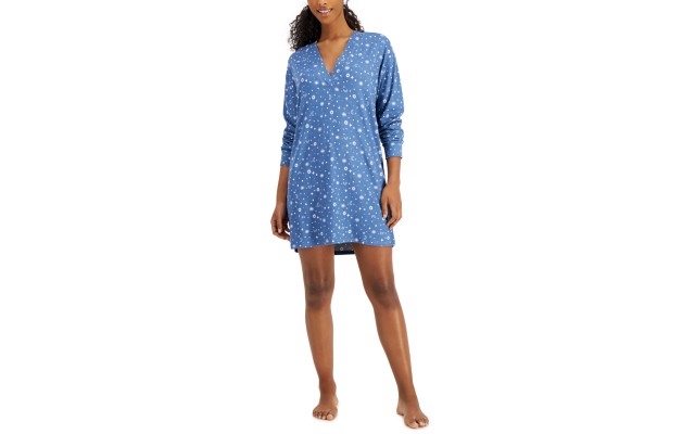  Women’s Printed Long-Sleeve Sleep Shirt, Blue, Medium
