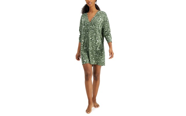 Women’s Printed Long-Sleeve Sleep Shirt, Green, Medium