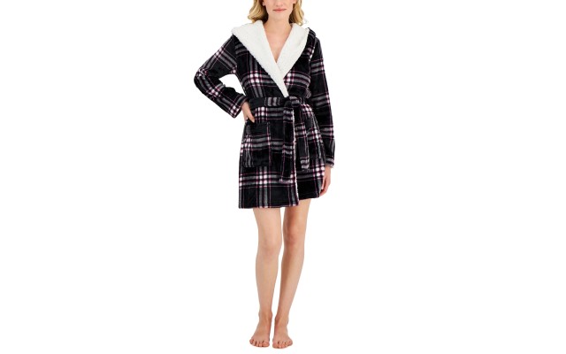  Women’s Printed Short Sherpa Hooded Robe, Black, XL/XXL