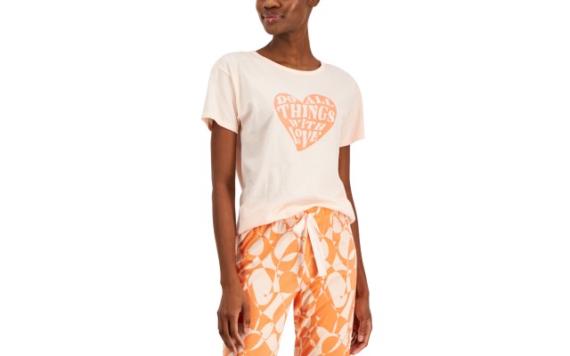  Women’s Short-Sleeve Graphic-Print Sleep Tee, Orange, Small