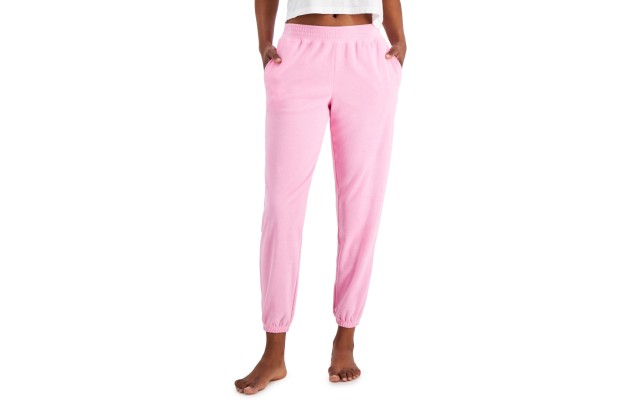  Women’s Smocked-Waist Terrycloth Jogger Pants, Pink, Small