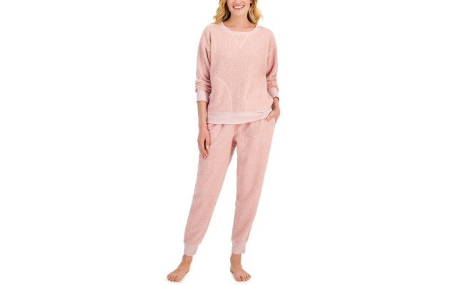  Women’s Solid Sherpa Pajama Set, Pink, Small
