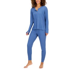 Jenni Women’s Solid Waffle Henley Sleep Top, Blue, Large