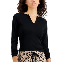 Jenni Women’s Split-Neck Pajama Top (Deep Black, Small)